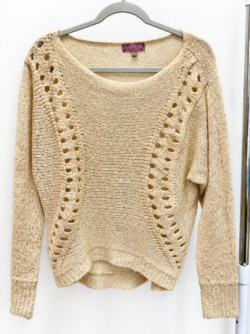 Cream Sequin Open Knit Sweater S 2010s Boho Hi-Lo Holiday Cottagecore